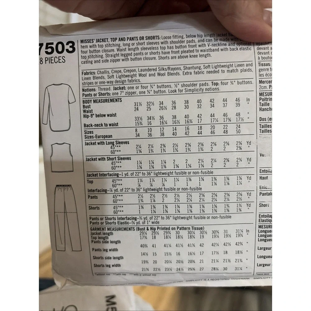 Simplicity 7503 Sewing Pattern Misses Jacket Top Pants Shorts Size 20-24 Uncut